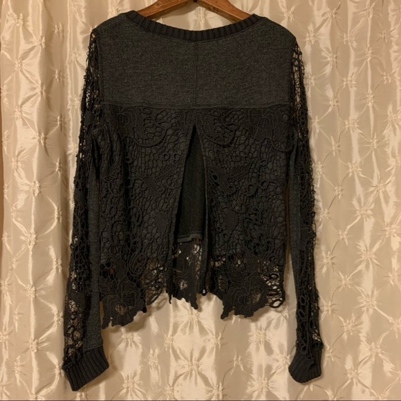 Free People “Pretty Rad” Sweater Gray Lace Crochet Split Back Knit - Picture 6 of 15